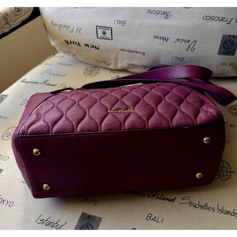 Vera Bradley Ella Tote Bag Aubergine Quilted Pebbled Leather Gold Hardware - Picture 4 of 11